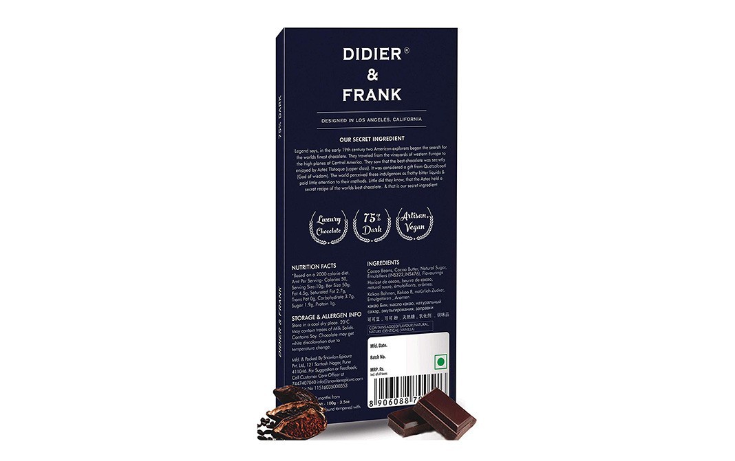 Didier & Frank 75% Intense Dark Chocolate    Box  100 grams
